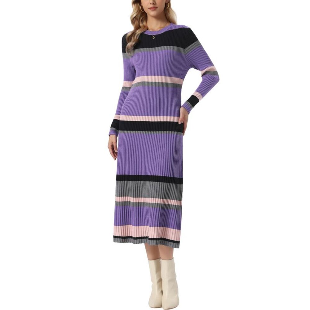 Women Detachable Turtleneck Maxi Dress Stripe Sweater Dress Purple